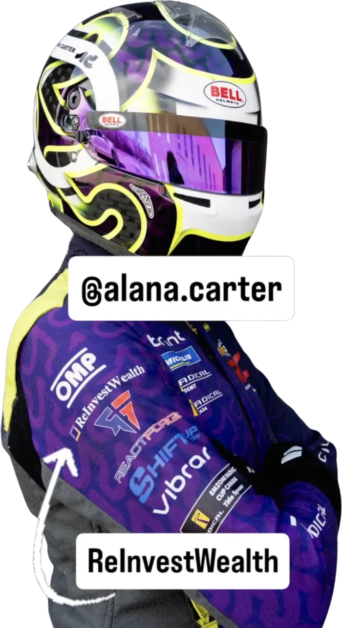 Alana Carter, professional racing driver, in her ReInvestWealth-sponsored race suit
