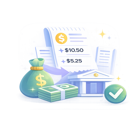 Stripe processing fees and tax line items captured cleanly on an invoice with a money bag