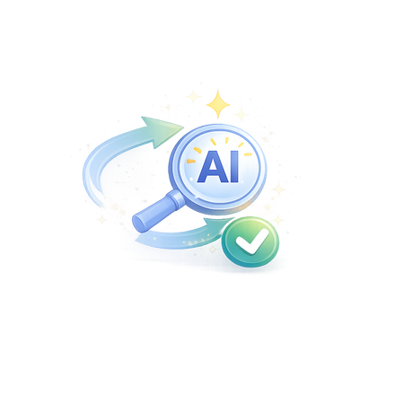 Step 3: automatic reconciliation — an AI magnifier reviewing transactions with a green checkmark