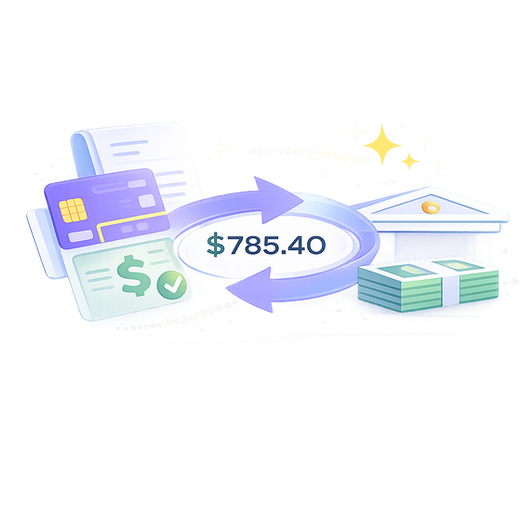 A $785.40 Stripe payout matched to the underlying transactions and bank deposit automatically