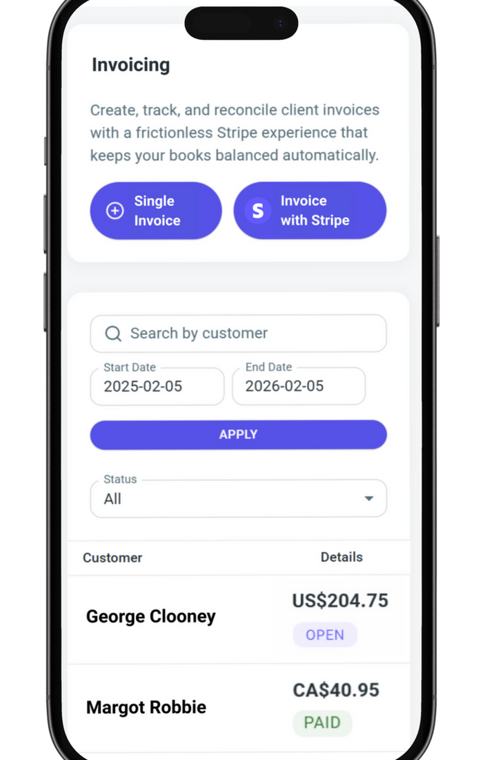 ReInvestWealth Stripe Invoicing screen — create, track, and reconcile client invoices with OPEN and PAID statuses