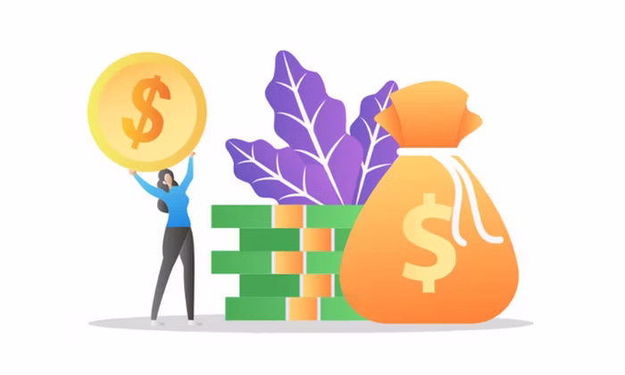 Confident business owner holding a gold coin beside stacked cash, plants, and money bags, representing reliable, growing finances